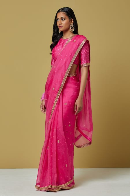 Buy Ikshita Choudhary Pink Organza Bead Work, Sequins, Bandhani Embroidered Saree With Blouse Online at Aza Fashions Buy_Ikshita Choudhary_Pink Organza Bead Work, Sequins, Bandhani Embroidered Saree With Blouse _Online_at_Aza_Fashions