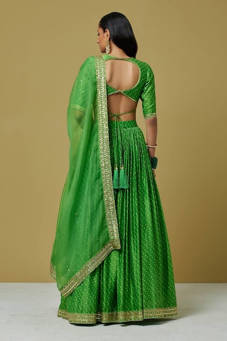 Shop Ikshita Choudhary Green Organza, Chanderi Sequin, Bandhani V Neck Lehenga Set at Aza Fashions Shop_Ikshita Choudhary_Green Organza, Chanderi Sequin, Bandhani V Neck Lehenga Set _at_Aza_Fashions