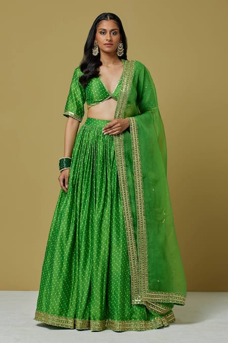 Ikshita Choudhary Green Organza, Chanderi Sequin, Bandhani V Neck Lehenga Set Online at Aza Fashions Ikshita Choudhary_Green Organza, Chanderi Sequin, Bandhani V Neck Lehenga Set _Online_at_Aza_Fashions