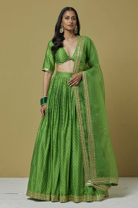 Buy Ikshita Choudhary Green Organza, Chanderi Sequin, Bandhani V Neck Lehenga Set Online at Aza Fashions Buy_Ikshita Choudhary_Green Organza, Chanderi Sequin, Bandhani V Neck Lehenga Set _Online_at_Aza_Fashions