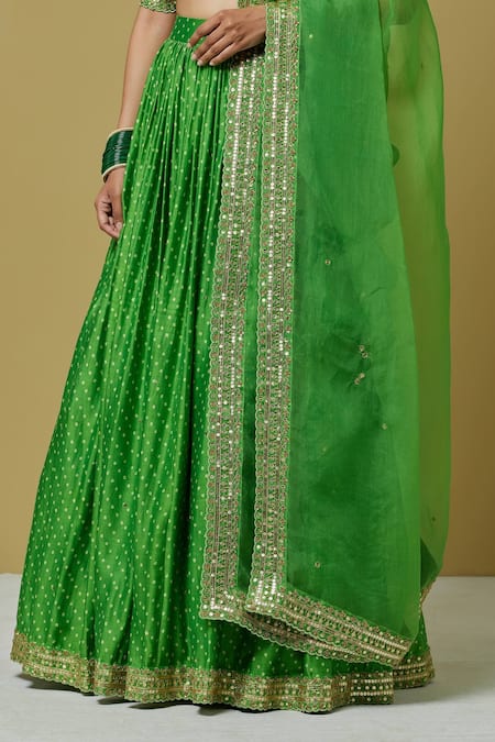Shop Ikshita Choudhary Green Organza, Chanderi Sequin, Bandhani V Neck Lehenga Set Online at Aza Fashions Shop_Ikshita Choudhary_Green Organza, Chanderi Sequin, Bandhani V Neck Lehenga Set _Online_at_Aza_Fashions