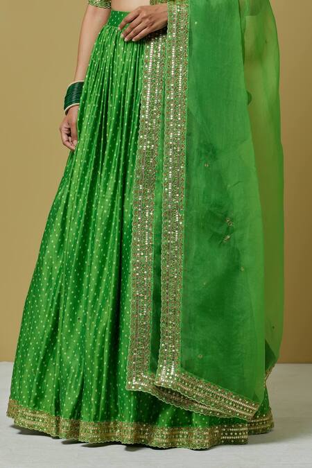 Buy_Ikshita Choudhary_Green Organza, Chanderi Sequin, Bandhani V Neck Blouse And Lehenga Set_Online_at_Aza_Fashions