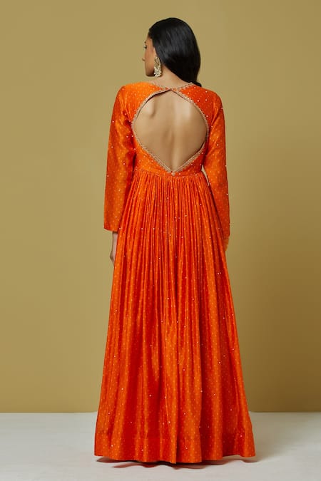 Shop Ikshita Choudhary Orange Organza, Chanderi Sequin, Bandhani Round Anarkali With Dupatta at Aza Fashions Shop_Ikshita Choudhary_Orange Organza, Chanderi Sequin, Bandhani Round Anarkali With Dupatta _at_Aza_Fashions