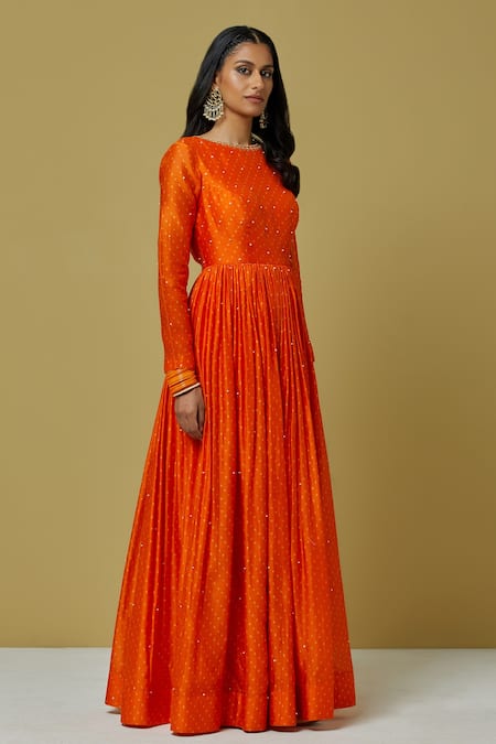 Ikshita Choudhary Orange Organza, Chanderi Sequin, Bandhani Round Anarkali With Dupatta Online at Aza Fashions Ikshita Choudhary_Orange Organza, Chanderi Sequin, Bandhani Round Anarkali With Dupatta _Online_at_Aza_Fashions