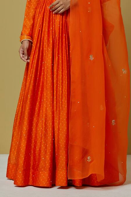 Shop Ikshita Choudhary Orange Organza, Chanderi Sequin, Bandhani Round Anarkali With Dupatta Online at Aza Fashions Shop_Ikshita Choudhary_Orange Organza, Chanderi Sequin, Bandhani Round Anarkali With Dupatta _Online_at_Aza_Fashions