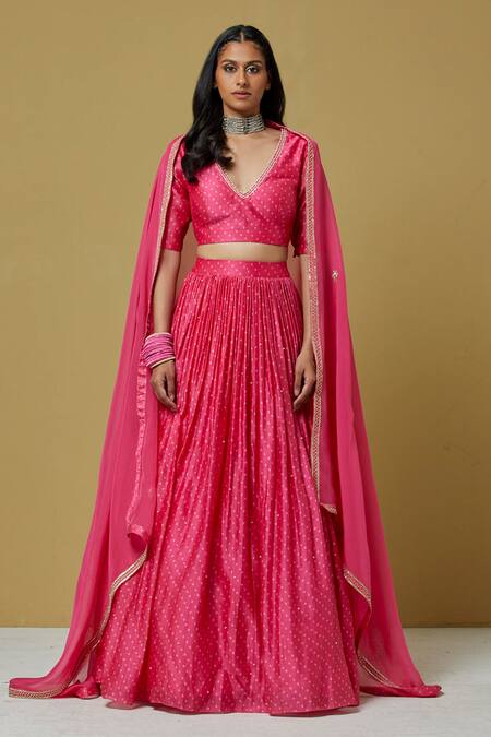 Shop_Ikshita Choudhary_Pink Organza, Chanderi Bead Work, Sequins, Bandhani V Neck Print Lehenga Set _Online_at_Aza_Fashions