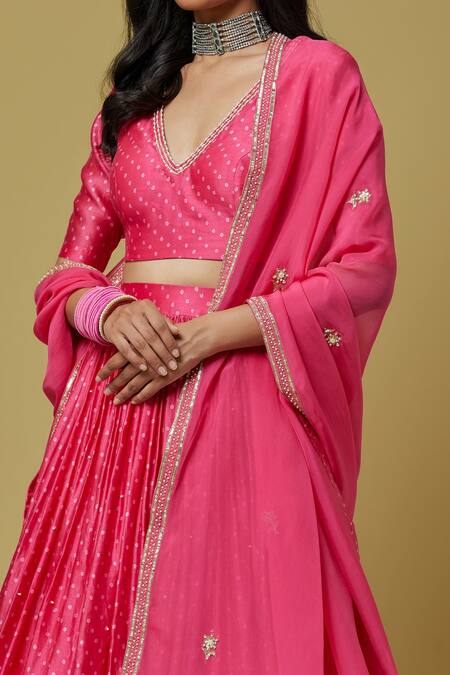 Ikshita Choudhary_Pink Organza, Chanderi Bead Work, Sequins, Bandhani V Neck Print Lehenga Set _at_Aza_Fashions