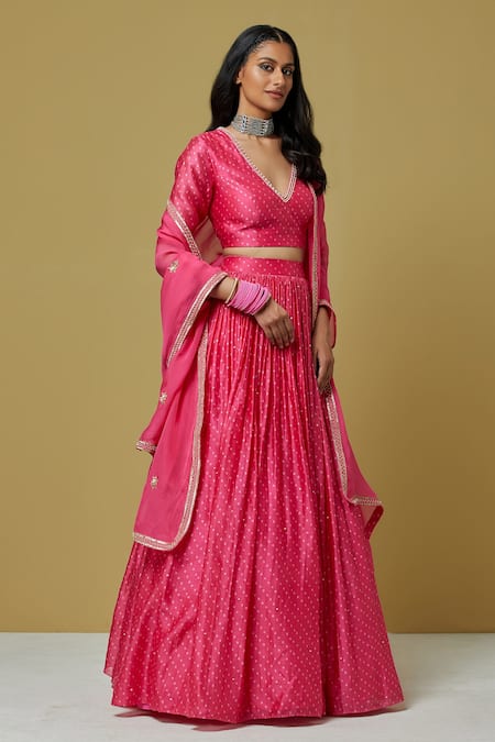 Ikshita Choudhary_Pink Organza, Chanderi Sequin, Bandhani V Neck Lehenga With Blouse_Online_at_Aza_Fashions