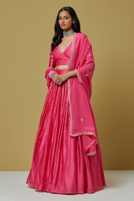 Buy_Ikshita Choudhary_Pink Organza, Chanderi Sequin, Bandhani V Neck Lehenga With Blouse_Online_at_Aza_Fashions