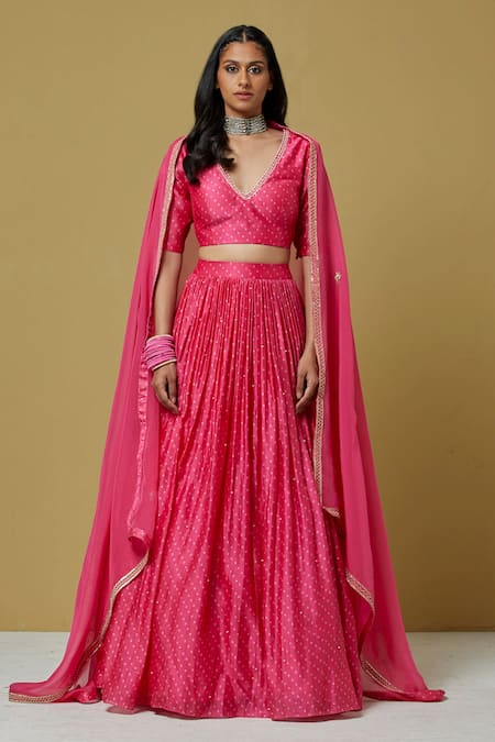 Shop_Ikshita Choudhary_Pink Organza, Chanderi Sequin, Bandhani V Neck Lehenga With Blouse_Online_at_Aza_Fashions