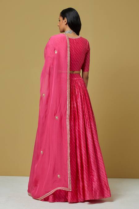 Shop Ikshita Choudhary Pink Chanderi Bandhani Print Lehenga at Aza Fashions Shop_Ikshita Choudhary_Pink Chanderi Bandhani Print Lehenga_at_Aza_Fashions