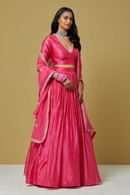 Ikshita Choudhary Pink Chanderi Bandhani Print Lehenga Online at Aza Fashions Ikshita Choudhary_Pink Chanderi Bandhani Print Lehenga_Online_at_Aza_Fashions