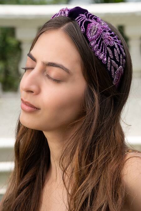 Mehak Murpana_Purple Embroidered Velvet Headband _Online_at_Aza_Fashions