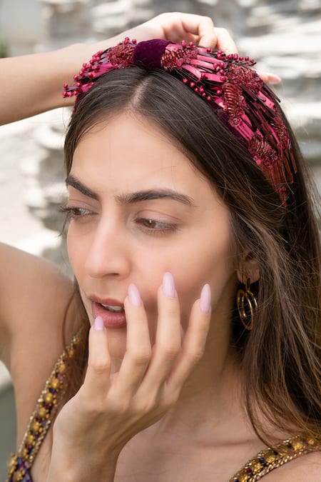 Mehak Murpana_Red Beads, Sequins Ruby Velvet Embellished Headband _Online_at_Aza_Fashions