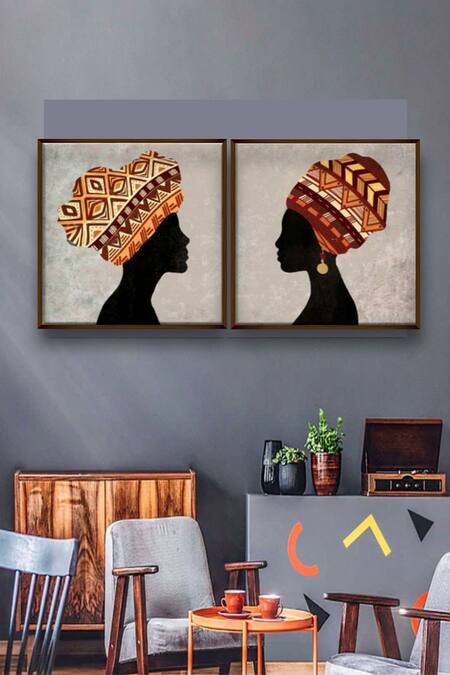 The Art House Multi Color Canvas Handmade Tribal Women Painting Set Of 2 