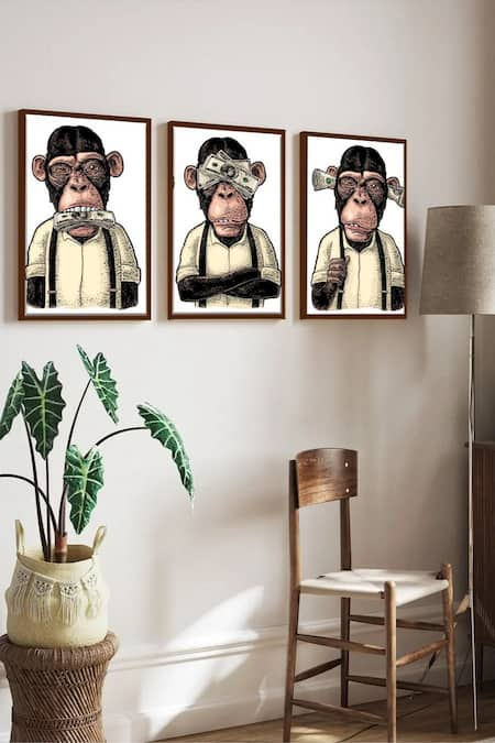 The Art House Multi Color Canvas Handmade Monkeys Paintings Set Of 