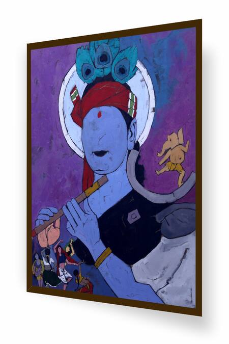 Buy_The Art House_Multi Color Canvas Handmade Lord Krishna Painting_Online_at_Aza_Fashions