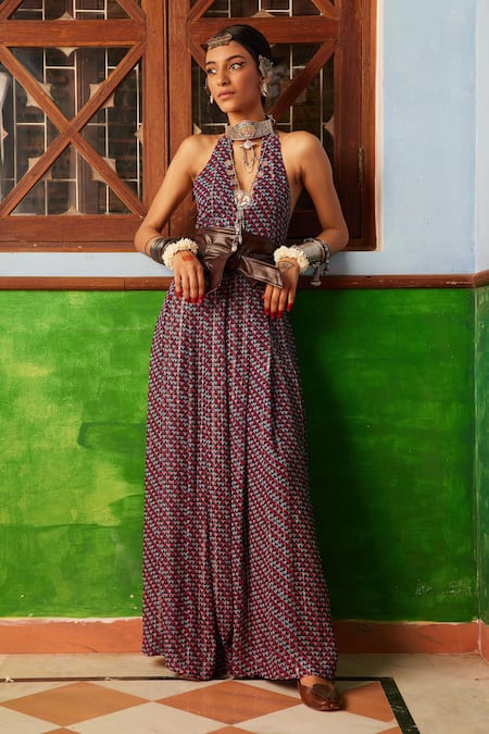 Nadima Saqib_Blue Lurex Georgette Geometric V Neck Print Jumpsuit _Online_at_Aza_Fashions