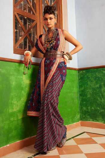 Buy Nadima Saqib Blue Blouse- Silksaree - Georgette Geometric V Neck Print With at Aza Fashions Buy_Nadima Saqib_Blue Blouse- Silksaree - Georgette Geometric V Neck Print With _at_Aza_Fashions