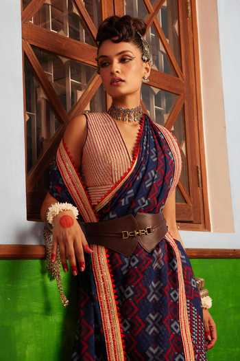 Shop Nadima Saqib Blue Blouse- Silksaree - Georgette Geometric V Neck Print With at Aza Fashions Shop_Nadima Saqib_Blue Blouse- Silksaree - Georgette Geometric V Neck Print With _at_Aza_Fashions