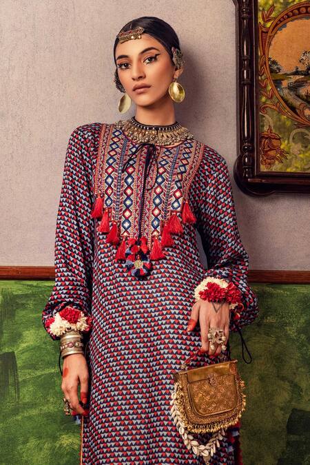Nadima Saqib_Blue Kurta - Satin Geometric Keyhole Print Dress _Online_at_Aza_Fashions