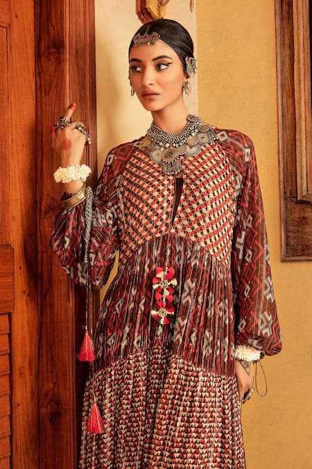 Nadima Saqib_Brown Lurex Georgette Geometric Keyhole Printed Tiered Gown _Online_at_Aza_Fashions