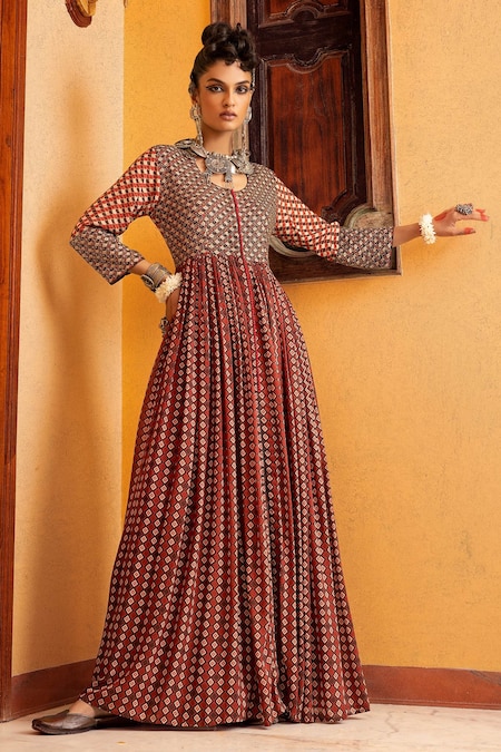 Buy Green Cotton Embroidered Floral Round Dress For Women by Bairaas Online  at Aza Fashions.