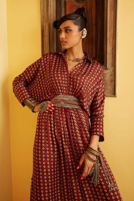 Nadima Saqib_Brown Satin Geometric Shirt Collar Print Gown _Online_at_Aza_Fashions
