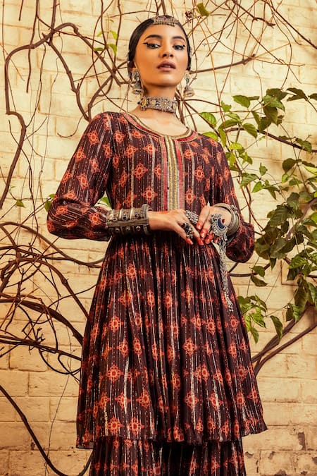 Shop Nadima Saqib Brown Lurex Georgette Geometric Round Printed Peplum Kurta And Sharara Set at Aza Fashions Shop_Nadima Saqib_Brown Lurex Georgette Geometric Round Printed Peplum Kurta And Sharara Set _at_Aza_Fashions