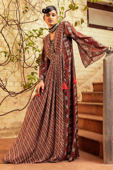 Nadima Saqib Printed Flared Sleeve Gown 