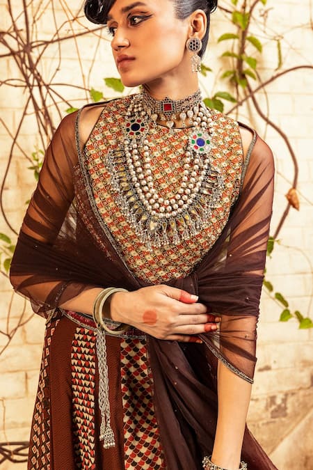Buy_Nadima Saqib_Brown Blouse- Mulskirt- Georgettedupatta - Net Dori, Geometric, Print Set _Online_at_Aza_Fashions