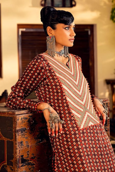 Nadima Saqib_Brown Satin Dori, Geometric, Zardozi Notched Printed Kurta And Palazzo Set _Online_at_Aza_Fashions
