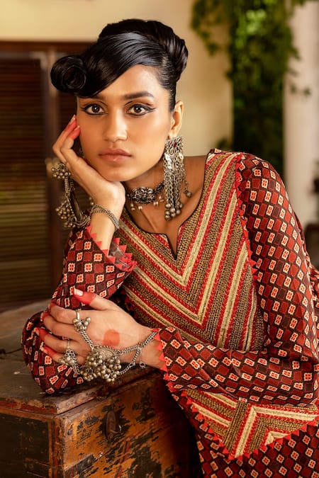 Buy_Nadima Saqib_Brown Satin Dori, Geometric, Zardozi Notched Printed Kurta And Palazzo Set _Online_at_Aza_Fashions
