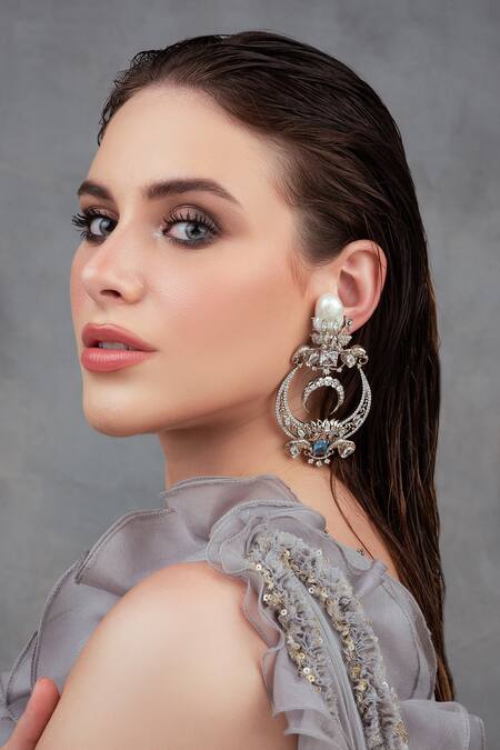 Buy_Opalina Soulful Jewellery_Silver Plated Crystals, Cut Work Lotus Motif Chandbalis _Online_at_Aza_Fashions