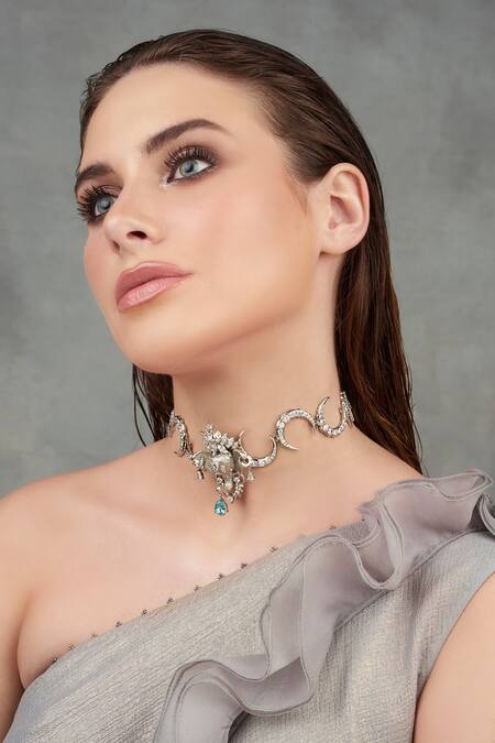 Opalina Soulful Jewellery_Silver Plated Crescent Moon Elephant Motif Choker _Online_at_Aza_Fashions