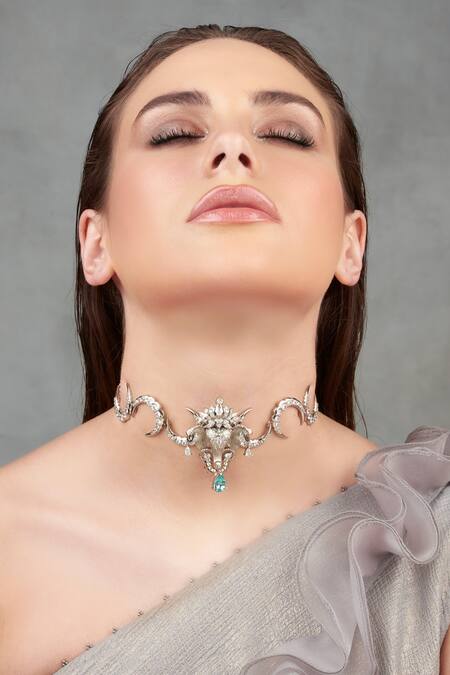 Buy_Opalina Soulful Jewellery_Silver Plated Crescent Moon Elephant Motif Choker _Online_at_Aza_Fashions