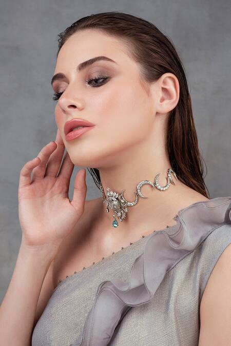 Shop_Opalina Soulful Jewellery_Silver Plated Crescent Moon Elephant Motif Choker _Online_at_Aza_Fashions