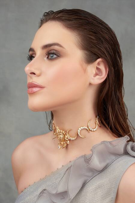 Buy_Opalina Soulful Jewellery_Gold Plated Crescent Moon Elephant Motif Choker _Online_at_Aza_Fashions