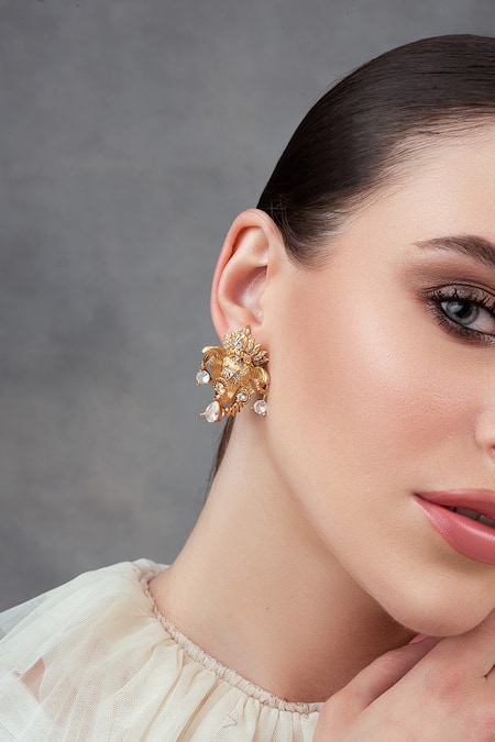 Opalina Soulful Jewellery_Gold Plated Crystals Handcrafted Elephant Motif Ear Studs _at_Aza_Fashions
