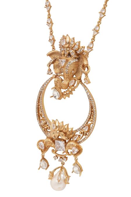 Shop_Opalina Soulful Jewellery_Gold Plated Elephant Motif Long Pendant Necklace _Online_at_Aza_Fashions