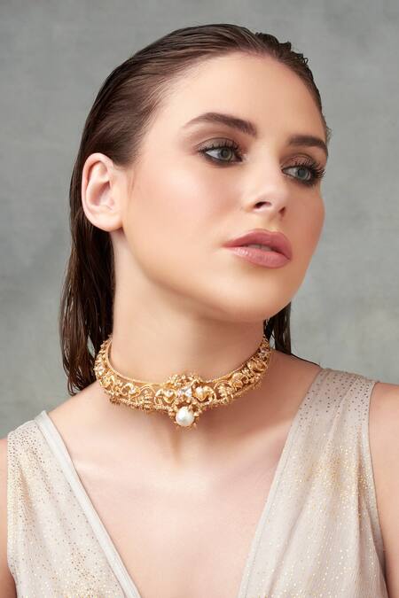 Buy_Opalina Soulful Jewellery_Gold Plated Elephant Motif Choker With Pearls And Crystals _Online_at_Aza_Fashions