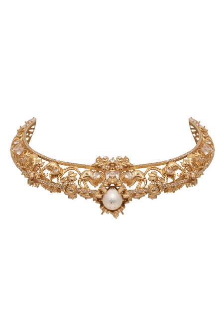 Shop_Opalina Soulful Jewellery_Gold Plated Elephant Motif Choker With Pearls And Crystals _Online_at_Aza_Fashions