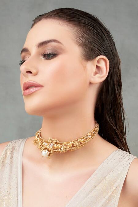 Opalina Soulful Jewellery_Gold Plated Elephant Motif Choker With Pearls And Crystals _at_Aza_Fashions