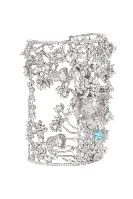 Buy_Opalina Soulful Jewellery_Silver Plated Crystals Aquamarine Cutwork Handcuff _Online_at_Aza_Fashions