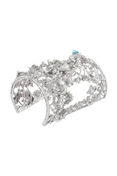 Shop_Opalina Soulful Jewellery_Silver Plated Crystals Aquamarine Cutwork Handcuff _Online_at_Aza_Fashions