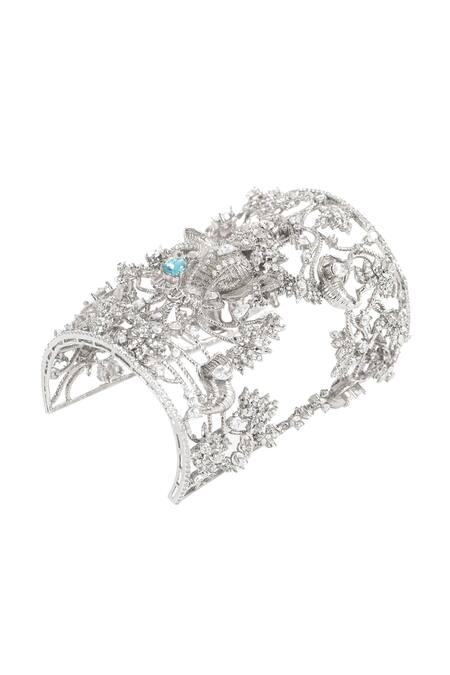 Opalina Soulful Jewellery_Silver Plated Crystals Aquamarine Cutwork Handcuff _at_Aza_Fashions