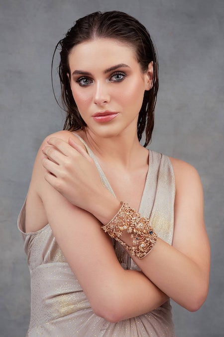 Opalina Soulful Jewellery_Gold Plated Crystals, Smocking Handcrafted Cutwork Bracelet _Online_at_Aza_Fashions