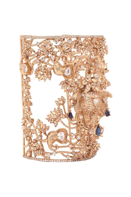 Shop_Opalina Soulful Jewellery_Gold Plated Crystals, Smocking Handcrafted Cutwork Bracelet _Online_at_Aza_Fashions