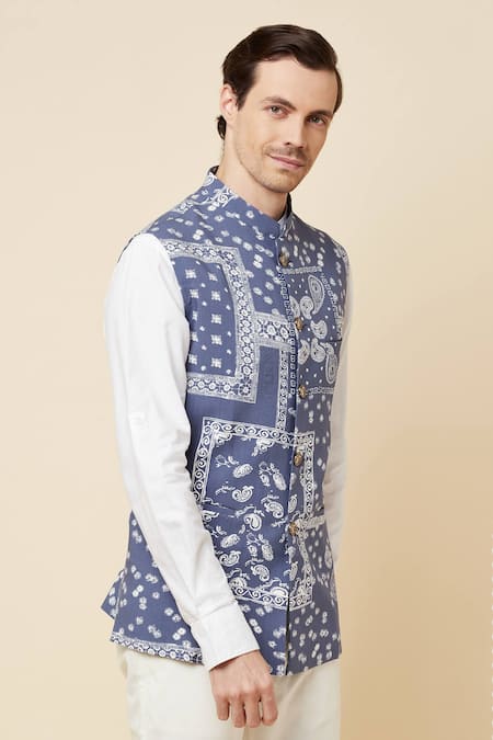 Spring Break_Blue Cotton, Polyester Paisley Print Bundi Jacket_Online_at_Aza_Fashions