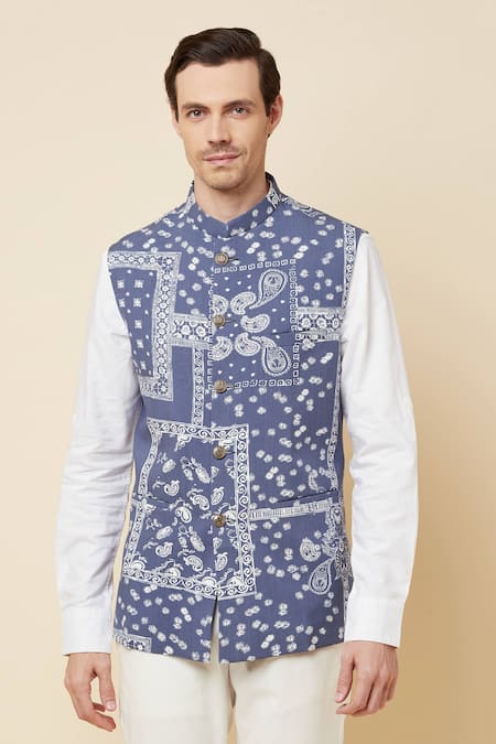 Buy_Spring Break_Blue Cotton, Polyester Paisley Print Bundi Jacket_Online_at_Aza_Fashions